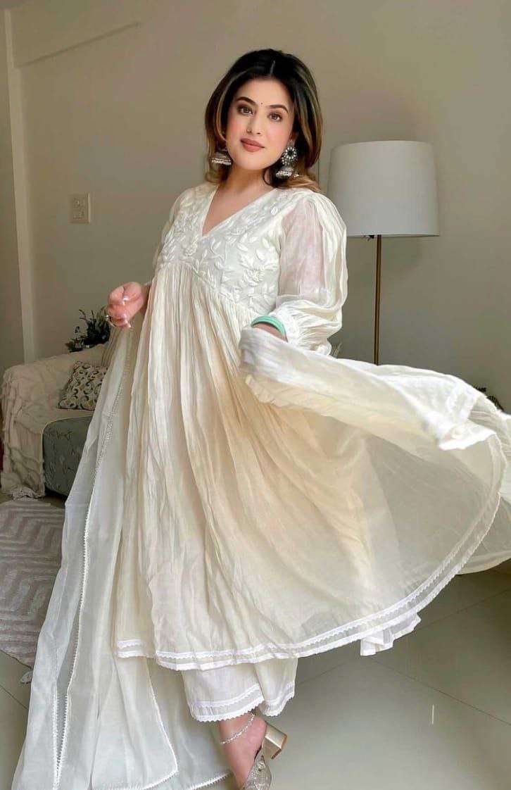 Women's Chanderi Silk Embroidered Anarkali Kurti With Pant and Dupatta