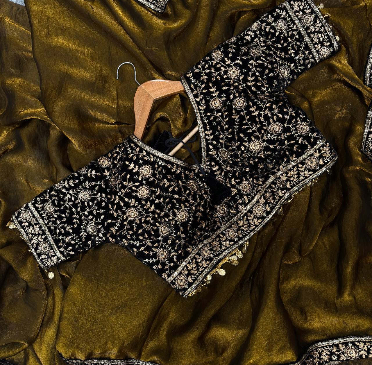 Women's Luxe Olive-Gold Silk Saree with Heavily Embellished Blouse & Border β Ideal for Evening, Wedding & Reception Wear - Image 10
